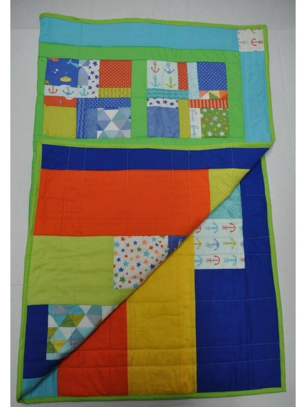 Nautical Reversible Nursery Quilt Crib Blanket with Anchors & Fish Handmade